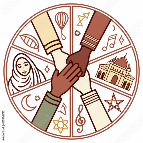 Hands of different cultures united in harmony
