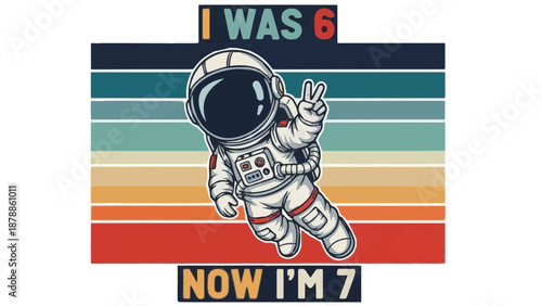 I Was 6 Now I'm 7 - Floating Astronaut Making Peace Sign 7th Birthday Retro Sunset Illustration for Kids T-shirt