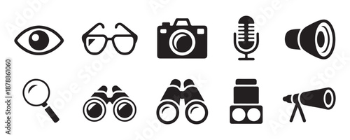 Set of vision and optical icons featuring camera binoculars telescope magnifying glass and glasses