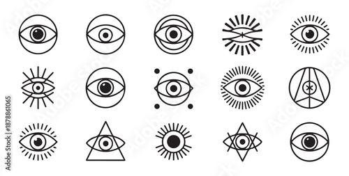 Esoteric and mystical eye symbols including all seeing eye within circles and triangles