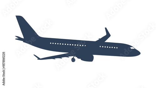 Side profile silhouette of a commercial jet airplane taking off, travel and aviation industry vector.