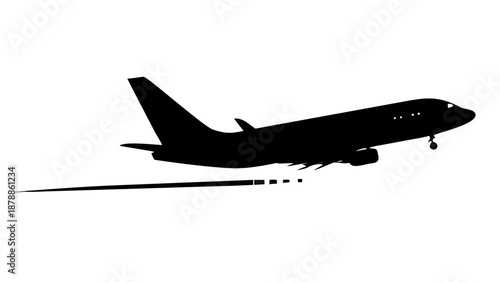Side profile silhouette of a commercial jet airplane taking off, travel and aviation industry vector.