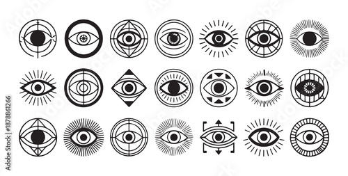 Set of mystic eye designs for tattoo art, various occult esoteric and providence eye symbols