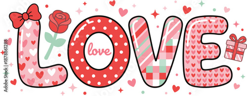 Cute Love Typography Illustration with Hearts Rose and Gift Box for Valentine's Day Greeting Design