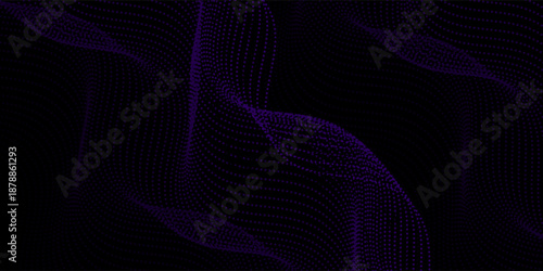 water wave shape on black background, Flowing dot particle light wave pattern, yellow and black gradient halftone.
