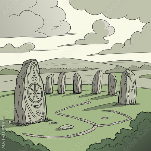 Ancient stone circle in a serene landscape