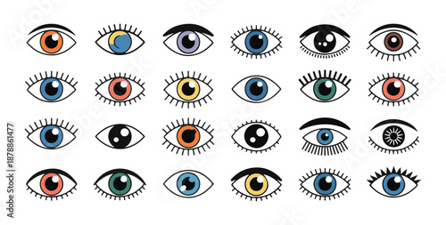 Set of colorful eyes, various styles and designs of human eyes for different concepts and uses