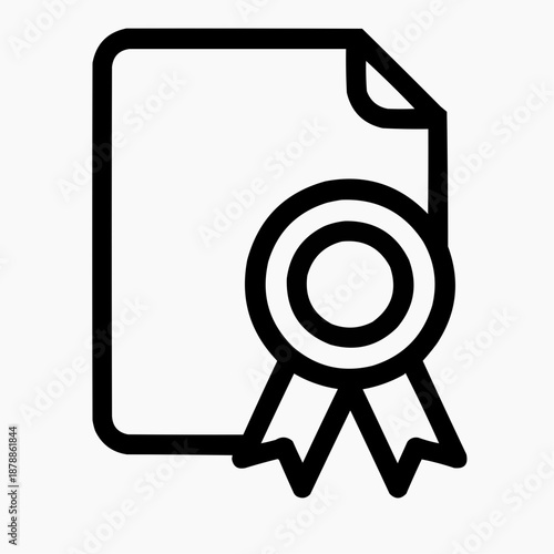 Line icon of a sheet with a ribbon — certified exam, black on white, square minimalist style