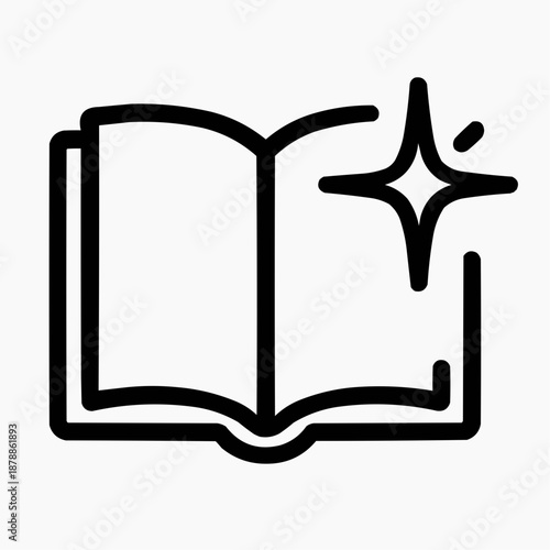 Line icon of a book with a spark — new test material, black on white, square minimalist style