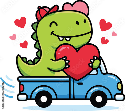 Cute Cartoon Dinosaur in Blue Truck Holding a Large Red Heart for Valentine's Day Vector Illustration