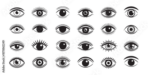 Set of diverse open human eyes icons with various thick and thin eyelashes outline and filled styles