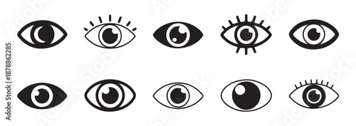 Set of ten open eye icons in different styles black and white designs simple and decorative elements