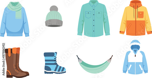 Winter clothing and outdoor gear icon set, cold weather apparel vector illustration, editable design, isolated hiking and camping symbols