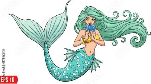 Beautiful mermaid character with long mint green hair holding playing cards, mythical sea creature vector illustration isolated on white background.