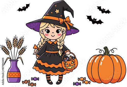 Cute blonde chibi witch character in black and orange Halloween costume with pumpkin, bats, and candy, festive vector illustration.