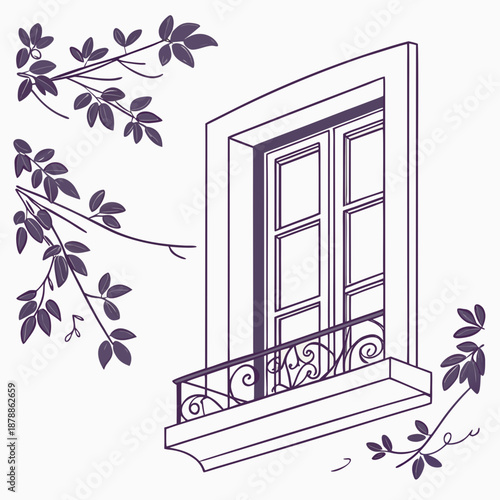 Window with balcony and leaves