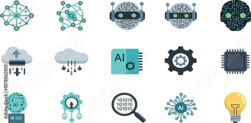 Modern Flat Vector Icon Set for Artificial Intelligence, Robotics, Machine Learning, and Data Technology