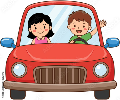 Happy cartoon children driving a red car, boy and girl waving through the windshield, cute travel and transportation vector illustration.