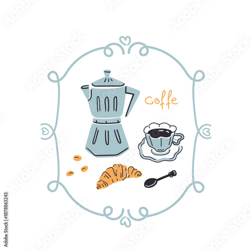 A coffee composition in a retro frame. Hand-drawn illustration of a hot drink, coffee pot, and croissant for a cafe menu. Flat style.