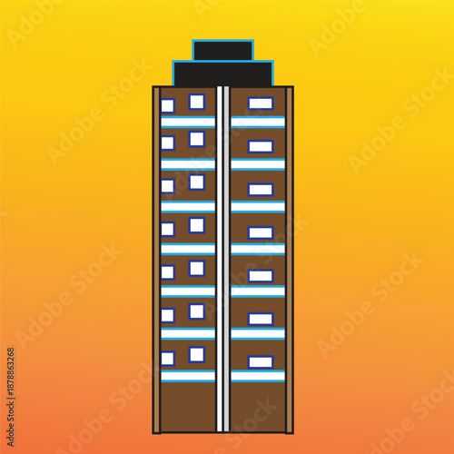 Pixel art skyscraper building with brown facade and glowing windows against a vibrant orange and yellow gradient background