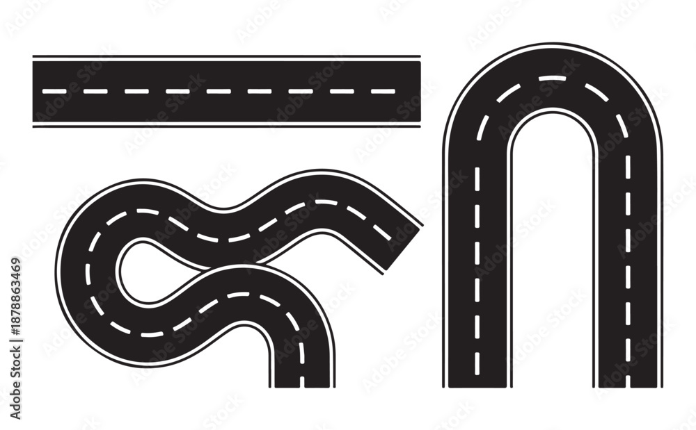 Fototapeta premium Roads, Highway, Straight and Curvy, Winding, Isolated on White