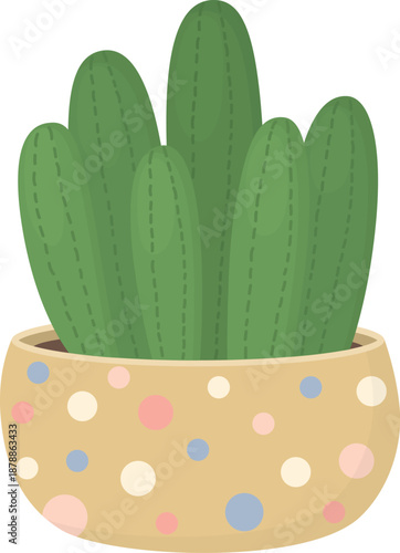 Illustration of cactus with multiple branches in polka dot flowerpot. Cute houseplant isolated on white background