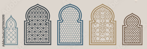 Islamic windows and door vector set, for use in modern style design, featuring mosque doors, mosque domes, and lanterns, clean vector illustrations for religious, cultural, and festive projects.