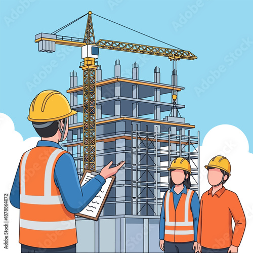 Professional project manager leading a team discussion at an active construction site, detailing blueprints and overseeing the building of a modern urban development with a prominent crane