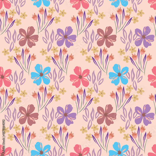Cute seamless pattern with decorative flowers and leaves can be used for wallpapers, surface textures, textile,linen, kids cloth, pattern fills, page backgrounds and more designs