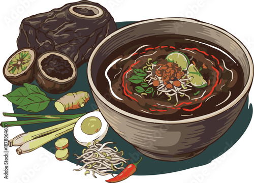 Indonesian Rawon Black Beef Soup Illustration with Deconstructed Ingredients