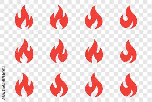 Fire icon collection. Concept flame, fire, icon. Flame icon in red. Campfire symbol. Logo design fire. Bonfire silhouette logotype. Vector illustration.