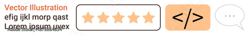 Customer feedback, digital reviews, web development, UI design, ratings, and social interaction. Star rating scale, code symbol and speech bubble . Customer feedback and digital reviews concept