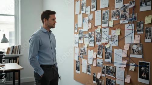 Thoughtful police detective or investigator looking at a crime board with photos, notes, and evidence connected by strings, working on a homicide case in a modern office or police station