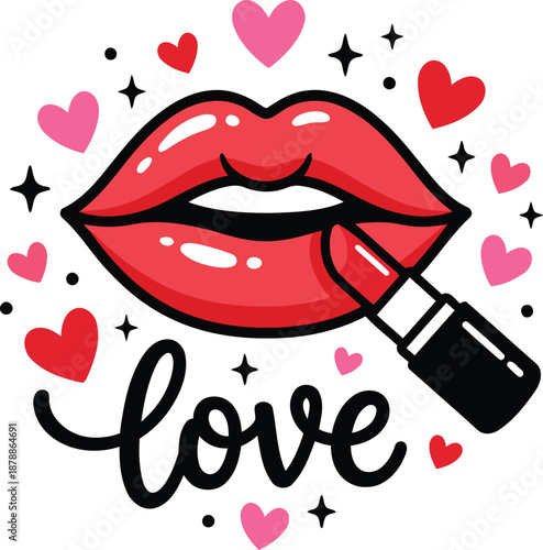 Red Lips with Lipstick and Love Text Illustration, Valentine's Day Beauty and Romance Vector Art