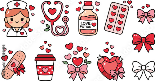 Kawaii Nurse and Valentine Medical Clipart Set with Heart Stethoscope, Love Potion, and Cute Icons