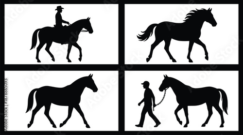 Black horse silhouette collection featuring equestrian riding, walking wild stallion, cowboy rider, and horse trainer walking with lead rope in a minimalist vector set.
