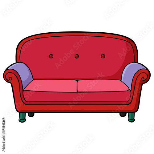 Red sofa with purple cushions