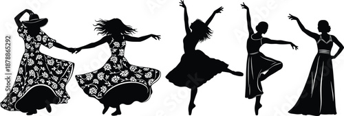 Dancing women silhouettes set, elegant female dancers performing ballet modern dance isolated black figures motion illustration art collection stage performance