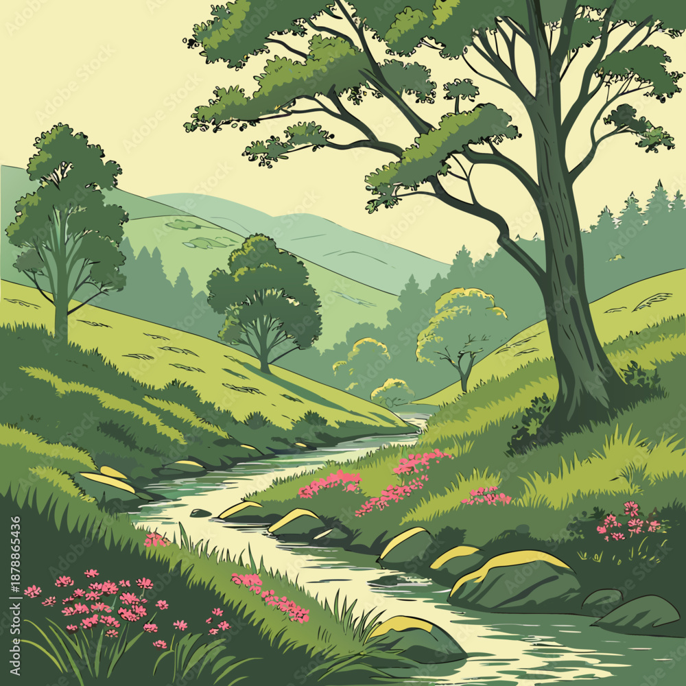 Fototapeta premium Serene valley landscape with flowing stream trees and pink flowers
