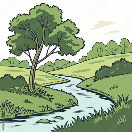 Cartoon countryside river with lush green surround and tree