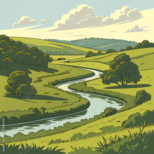 Green countryside landscape with winding river and trees