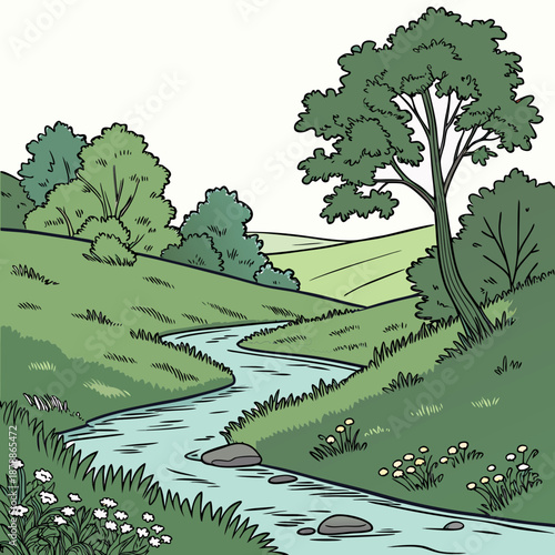 Serene countryside river with lush green surroundings and trees