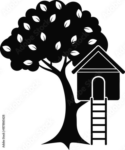 A treehouse with a ladder and a tree with leaves