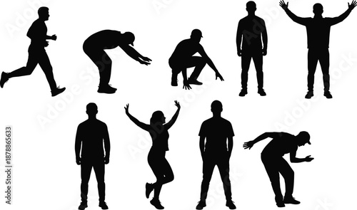 Human action silhouettes set, running jumping standing crouching poses isolated black figures people motion activity illustration collection fitness behavior concept