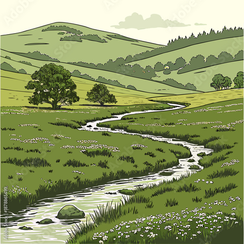 Serene green meadow with flowing creek and rolling hills