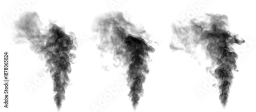 Abstract black smoke plume isolated on white background, rising vapor cloud with flowing motion. Concept of pollution, danger, mystery, energy, disaster, fire smoke, and dramatic atmospheric design.