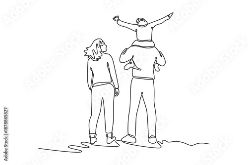 Happy idyllic family of father mother and son. Journey There concept. Single line draw design. Vector graphic illustration