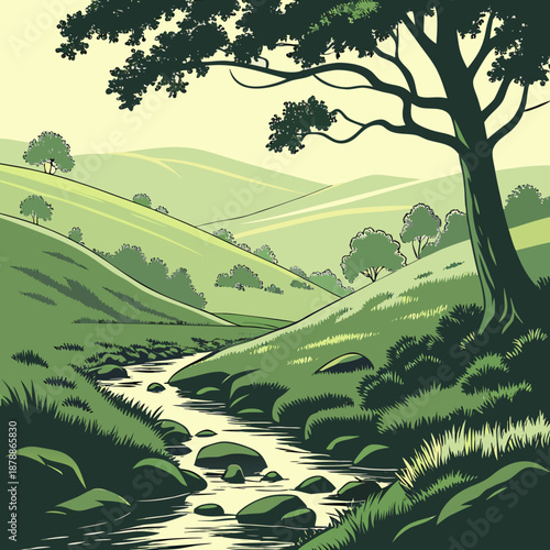 Serene green landscape with tree and water stream hills