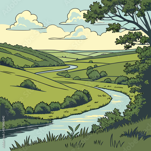 Serene valley landscape with flowing river and trees