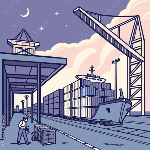 Cargo ship docked at port with crane and containers